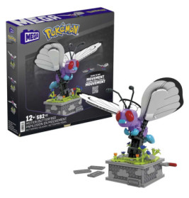 Mega Pokémon Motion Butterfree Bauset-Verpackung und fertig gebautes Butterfree auf Präsentationssockel.