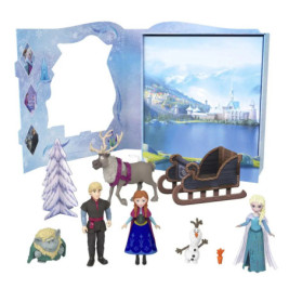 Frozen-Spielset mit Anna, Elsa, Kristoff, Sven, Olaf, Schlitten, Baum, Troll und schneebedeckter Arendelle-Kulisse.