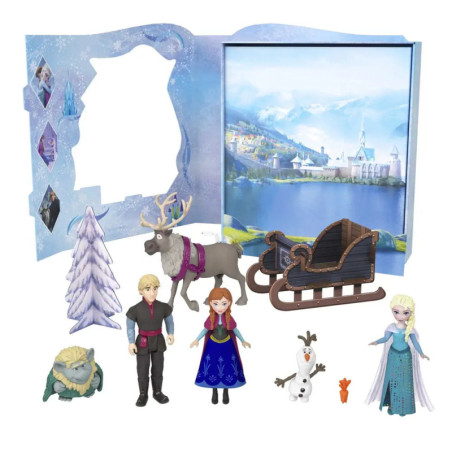 Frozen-Spielset mit Anna, Elsa, Kristoff, Sven, Olaf, Schlitten, Baum, Troll und schneebedeckter Arendelle-Kulisse.