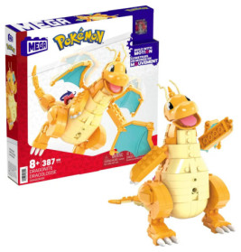 Eine Mega Pokémon Dragonite Bauset-Box mit einer fertig aufgebauten Dragonite-Figur davor.