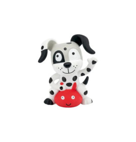 Cartoonhafte Dalmatinerfigur mit schwarzen Flecken sitzt auf einem roten Objekt mit lachendem Gesicht.