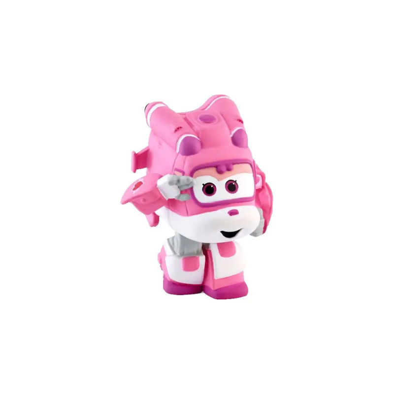 Rosa-weißes Spielzeugflugzeug mit großen Augen, lächelndem Gesicht und markanten Augenbrauen.