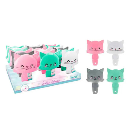 Katzenförmige Haarbürsten in Pink, Grün, Weiß und Grau - einzeln und verpackt - sind ausgestellt.