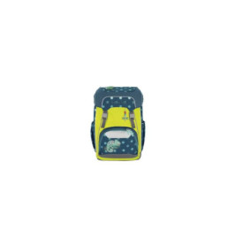 Blauer und gelber Kinder-Rucksack mit Schildkröten- und Tupfenmuster, von vorne abgebildet.