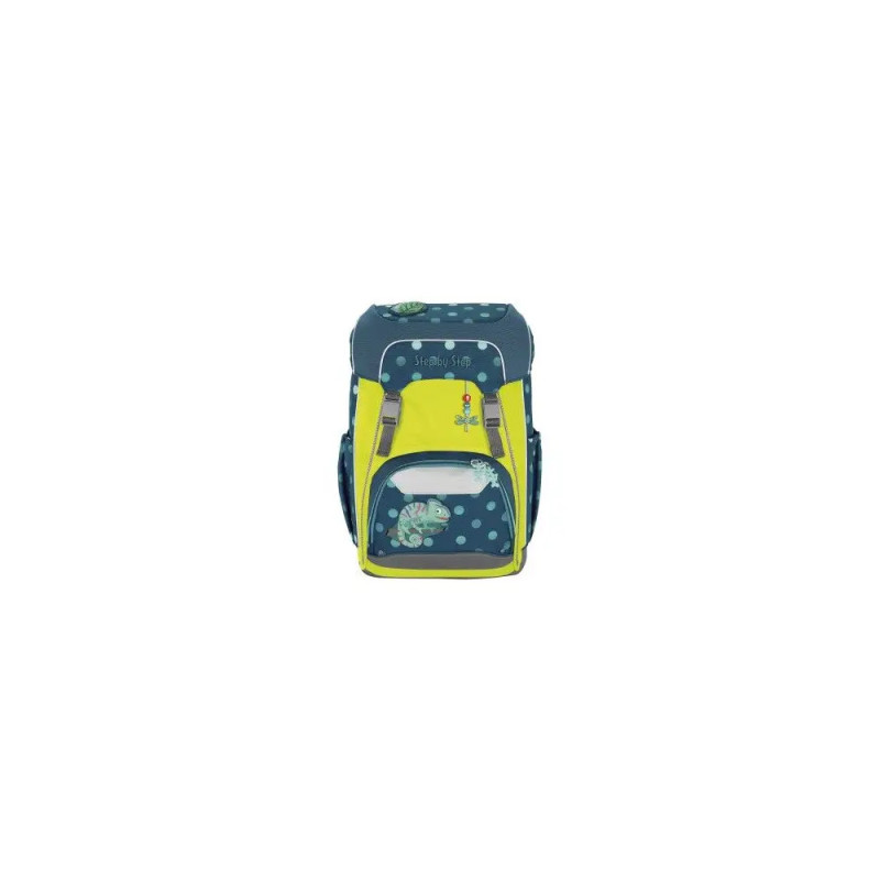 Blauer und gelber Kinder-Rucksack mit Schildkröten- und Tupfenmuster, von vorne abgebildet.