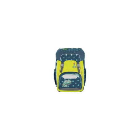 Blauer und gelber Kinder-Rucksack mit Schildkröten- und Tupfenmuster, von vorne abgebildet.
