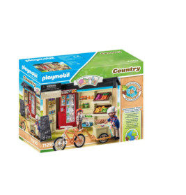 Playmobil Country Spielset mit kleinem Laden, Fahrrad und zwei Kinderfiguren auf der Verpackung.
