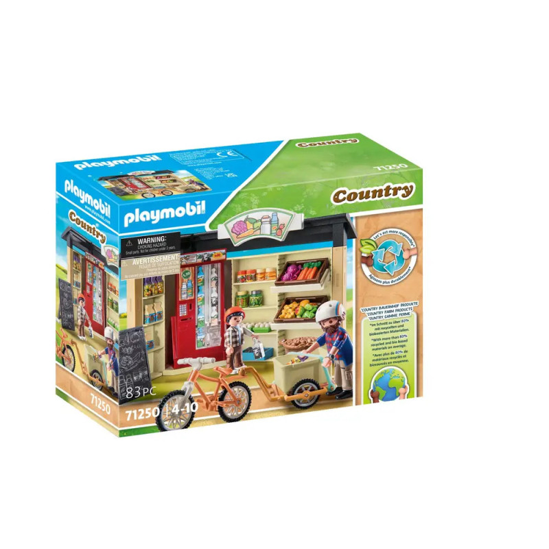 Playmobil Country Spielset mit kleinem Laden, Fahrrad und zwei Kinderfiguren auf der Verpackung.