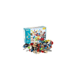 BRIO Builder Bausatz mit bunten Einzelteilen, dazu die Originalverpackung im Hintergrund.