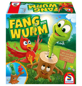 Bunte Spielschachtel mit grünem Wurm, rotem Vogel, lächelndem Baumstumpf und Fang den Wurm-Titel oben.