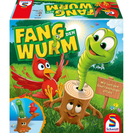 Bunte Spielschachtel mit grünem Wurm, rotem Vogel, lächelndem Baumstumpf und Fang den Wurm-Titel oben.