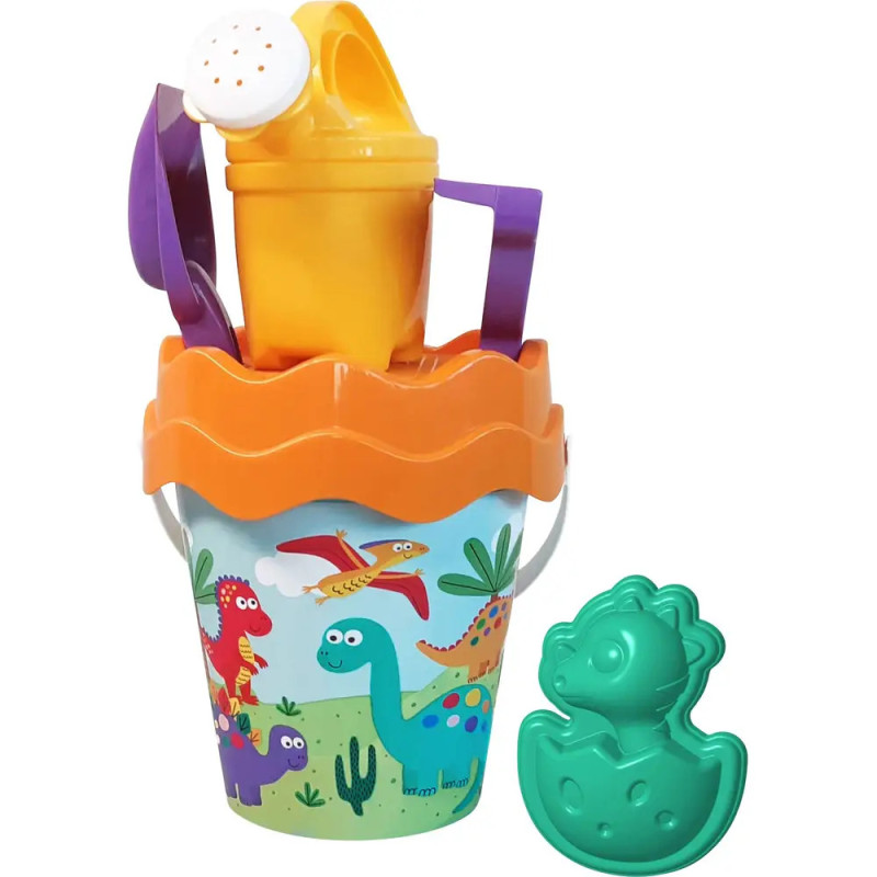 Buntes Dino-Strandset mit Eimer, Schaufel, Rechen, Gießkanne und grüner Dino-Sandform.