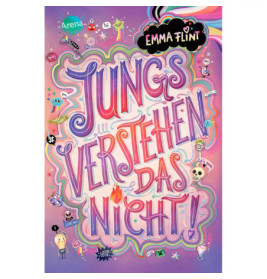 Buntes Buchcover mit verspielten Kritzeleien, Titel Jungs verstehen das nicht! in auffälligen Buchstaben.