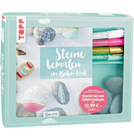Bastelset zum Steinebemalen mit Filzstiften, glatten Steinen und Anleitung in einer Box.