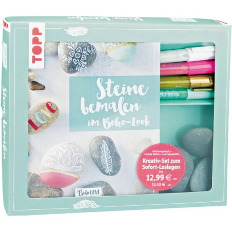 Bastelset zum Steinebemalen mit Filzstiften, glatten Steinen und Anleitung in einer Box.