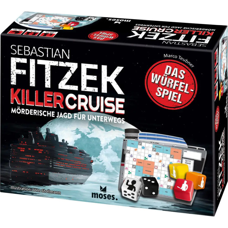 Spielbox Sebastian Fitzek Killer Cruise mit Kreuzfahrtschiff, Würfeln, Karten und bunten Spielfiguren.