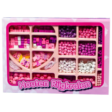 Schachtel mit rosa, lila und weißen Holzperlen und Anhängern beschriftet mit Houten Rijgkralen.