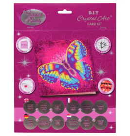 DIY Crystal Art Kartenset mit buntem Schmetterlingsmotiv und Glitzersteinen auf rosa Hintergrund.