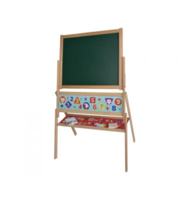 Staffelei mit Tafel, bunten Zahlen und Symbolen sowie einem Ablagefach für Alphabetkarten.