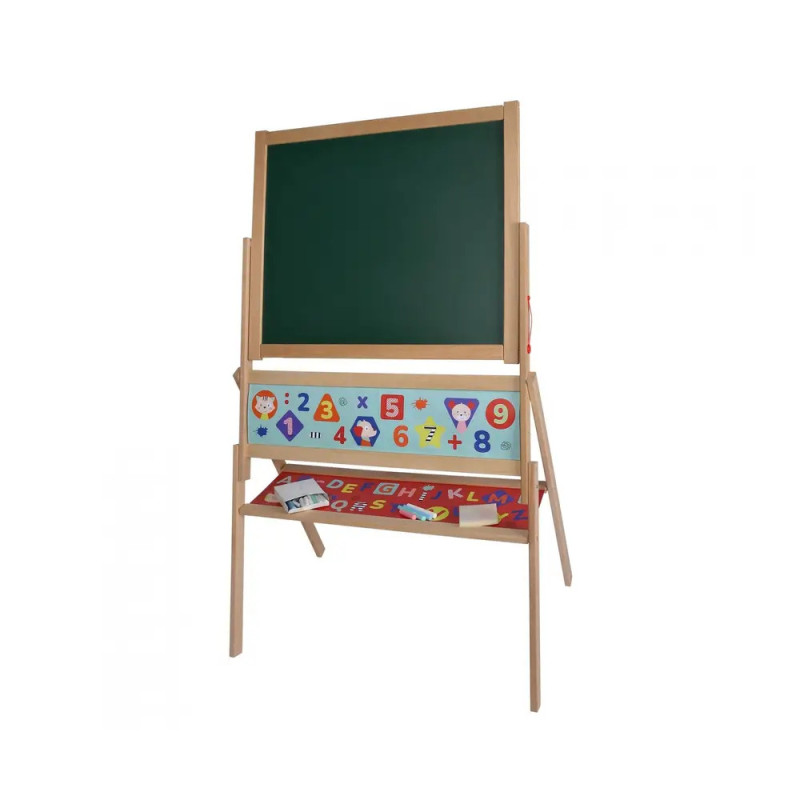 Staffelei mit Tafel, bunten Zahlen und Symbolen sowie einem Ablagefach für Alphabetkarten. Staffelei mit Tafel, bunten Zahlen und Symbolen sowie einem Ablagefach für Alphabetkarten.