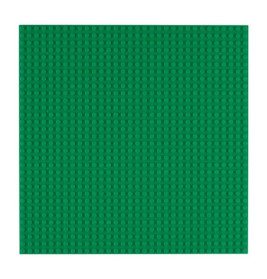 Grüne, quadratische LEGO-Grundplatte mit einem Raster aus kleinen, runden Noppen auf der Oberfläche.