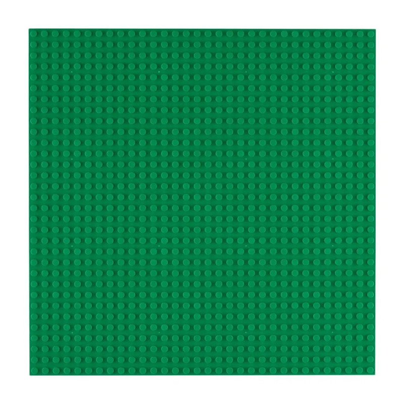 Grüne, quadratische LEGO-Grundplatte mit einem Raster aus kleinen, runden Noppen auf der Oberfläche.