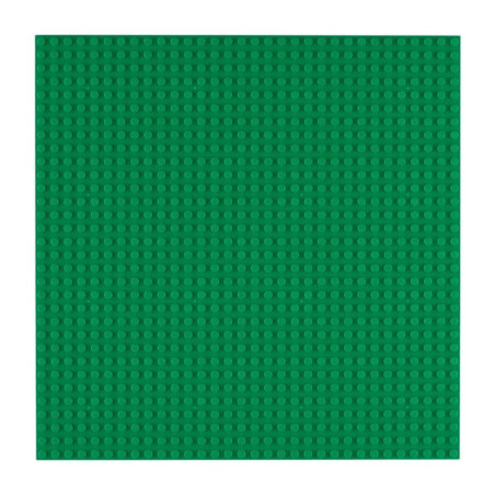 Grüne, quadratische LEGO-Grundplatte mit einem Raster aus kleinen, runden Noppen auf der Oberfläche.