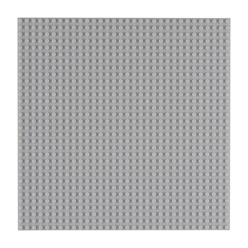 Quadratische, graue LEGO-Grundplatte mit regelmäßig verteilten runden Noppen auf der gesamten Oberfläche.