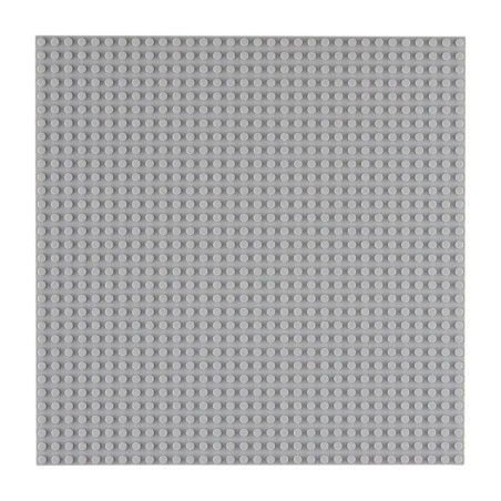 Quadratische, graue LEGO-Grundplatte mit regelmäßig verteilten runden Noppen auf der gesamten Oberfläche.