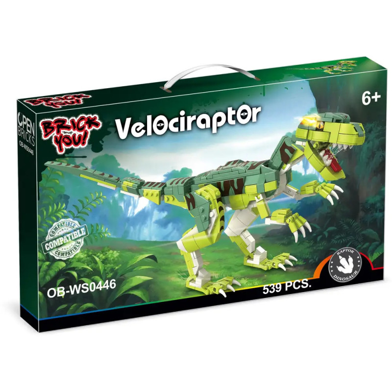 Baustein-Set mit grünem Velociraptor im Dschungel, für Kinder ab 6 Jahren, enthält 539 Teile.