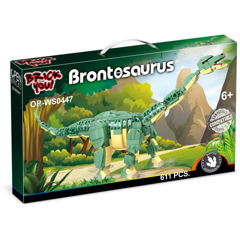 Spielzeugbox mit grünem Brontosaurus aus 611 Steinen, beschriftet Brontosaurus, ab 6 Jahren. Spielzeugbox mit grünem Brontosaurus aus 611 Steinen, beschriftet Brontosaurus, ab 6 Jahren.