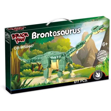 Spielzeugbox mit grünem Brontosaurus aus 611 Steinen, beschriftet Brontosaurus, ab 6 Jahren.