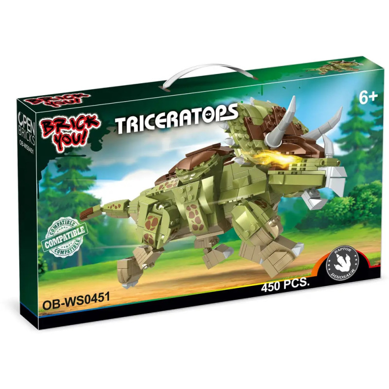 Schachtel mit 450-teiligem Triceratops-Bausatz für Kinder ab 6 Jahren, mit Dinosaurier-Abbildung vorne. Schachtel mit 450-teiligem Triceratops-Bausatz für Kinder ab 6 Jahren, mit Dinosaurier-Abbildung vorne.