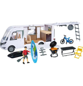 Spielzeug-Wohnmobilset mit Surfbrett, Kajak, Fahrrad, Grill, Tisch, Stühlen und männlicher Spielfigur.