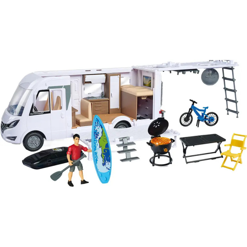 Spielzeug-Wohnmobilset mit Surfbrett, Kajak, Fahrrad, Grill, Tisch, Stühlen und männlicher Spielfigur.