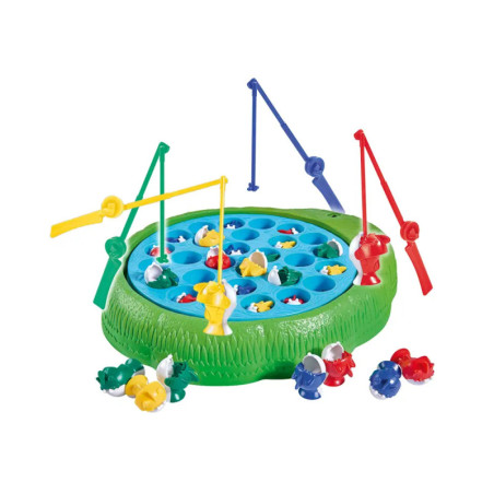 Buntes Angelspiel aus Kunststoff mit vier Ruten und Fischen auf grün-blauem Sockel, Teile verstreut.