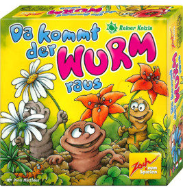 Bunte Brettspielbox mit lächelnden Würmern und Maulwürfen, die Blumen halten Titel: Da kommt der Wurm raus.