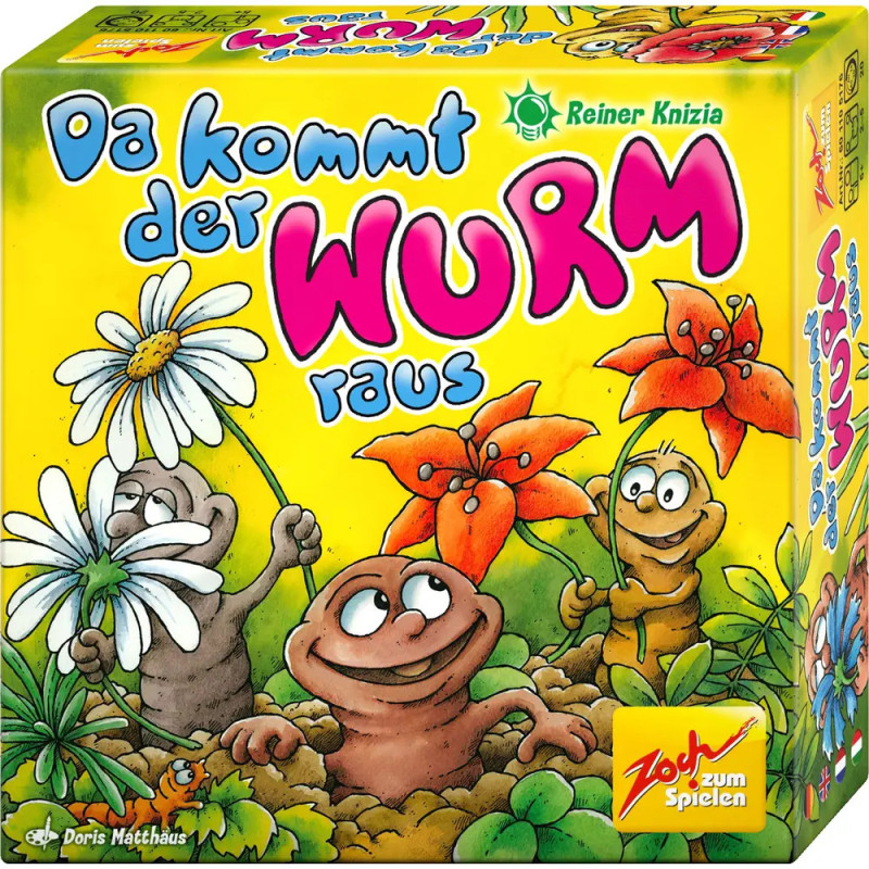 Bunte Brettspielbox mit lächelnden Würmern und Maulwürfen, die Blumen halten Titel: Da kommt der Wurm raus. Bunte Brettspielbox mit lächelnden Würmern und Maulwürfen, die Blumen halten Titel: Da kommt der Wurm raus.