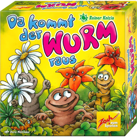 Bunte Brettspielbox mit lächelnden Würmern und Maulwürfen, die Blumen halten Titel: Da kommt der Wurm raus.