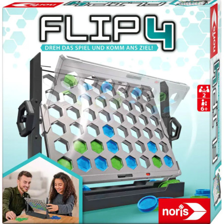 Flip4-Spielbox mit sechseckigen Feldern, grünen und blauen Spielscheiben sowie zwei spielenden Personen.
