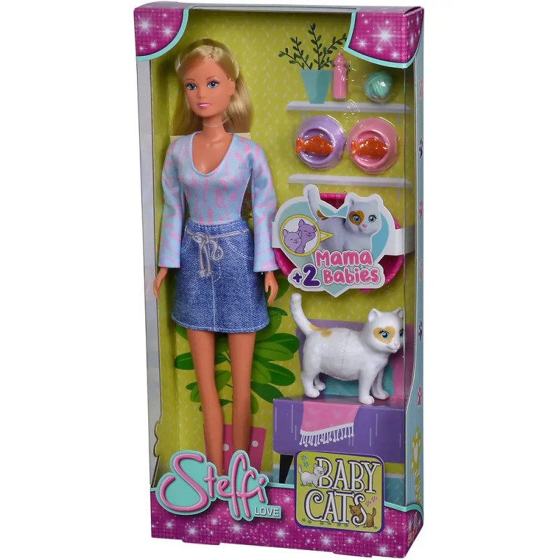 Steffi Love Puppenset mit blonder Puppe, weißer Katze, zwei Kätzchen und Zubehör in bunter Verpackung.