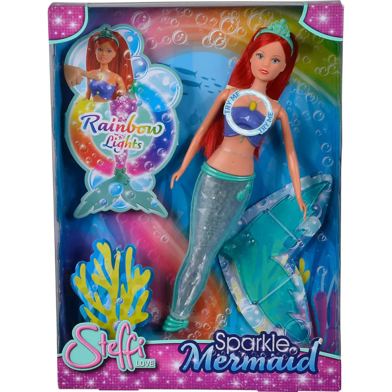 Sparkle Mermaid Steffi Love Puppe mit roten Haaren, grünem Fischschwanz und Krone in bunter Unterwasserverpackung.