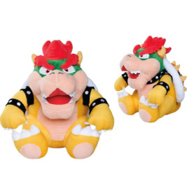 Zwei Bowser-Plüschfiguren aus Mario mit offenen Mündern, von vorne und seitlich gezeigt.