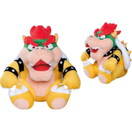 Zwei Bowser-Plüschfiguren aus Mario mit offenen Mündern, von vorne und seitlich gezeigt.