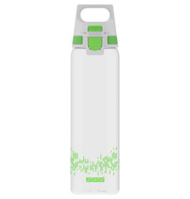 Durchsichtige Wasserflasche mit grünen Akzenten, Muster am Boden und Klappdeckel.