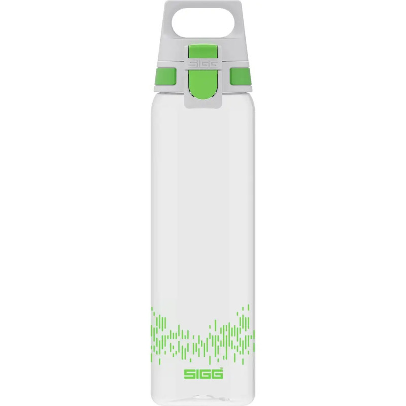 Durchsichtige Wasserflasche mit grünen Akzenten, Muster am Boden und Klappdeckel. Durchsichtige Wasserflasche mit grünen Akzenten, Muster am Boden und Klappdeckel.