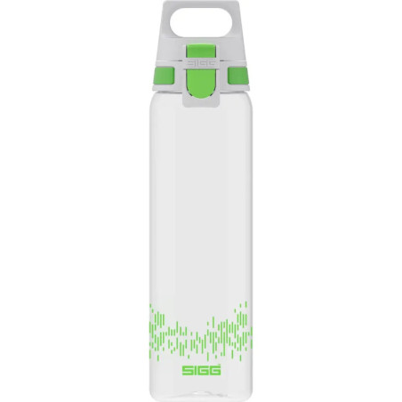 Durchsichtige Wasserflasche mit grünen Akzenten, Muster am Boden und Klappdeckel.
