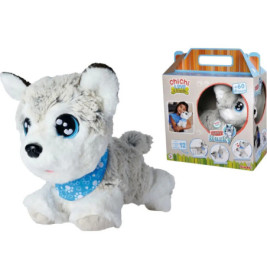 Plüsch-Husky mit blauen Augen und blauem Halstuch neben seiner bunten Verpackung.