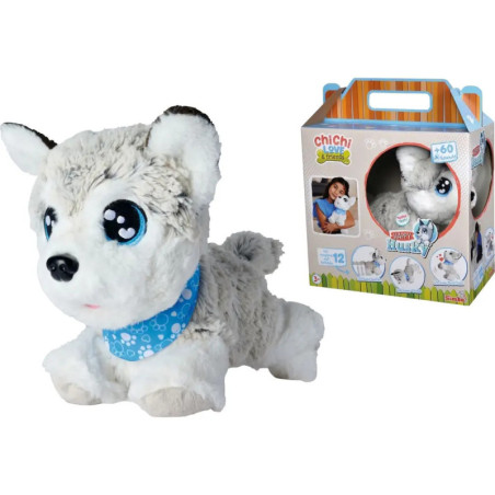 Plüsch-Husky mit blauen Augen und blauem Halstuch neben seiner bunten Verpackung.