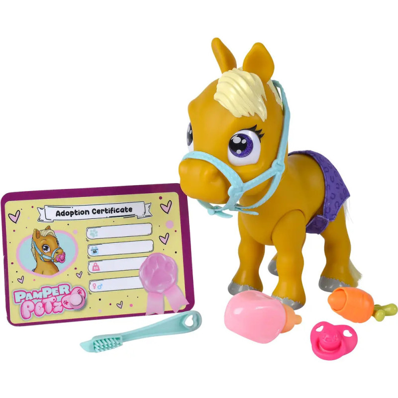 Spielzeugpony mit Zubehör, Adoptionsurkunde, Fläschchen, Spritze, Bürste und Windel vor weißem Hintergrund. Spielzeugpony mit Zubehör, Adoptionsurkunde, Fläschchen, Spritze, Bürste und Windel vor weißem Hintergrund.